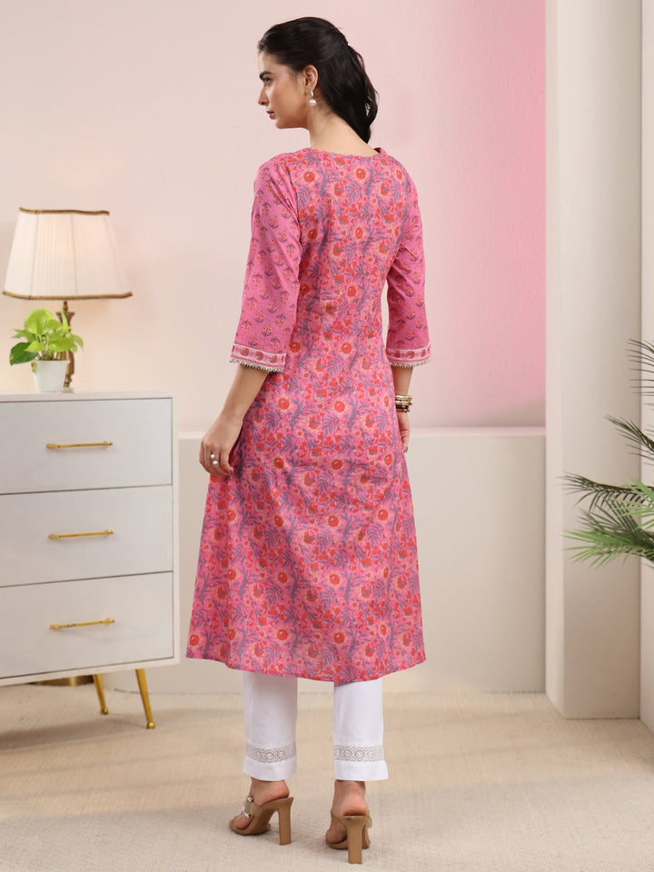 Libas Pink Floral Printed Cotton A-Line Kurta