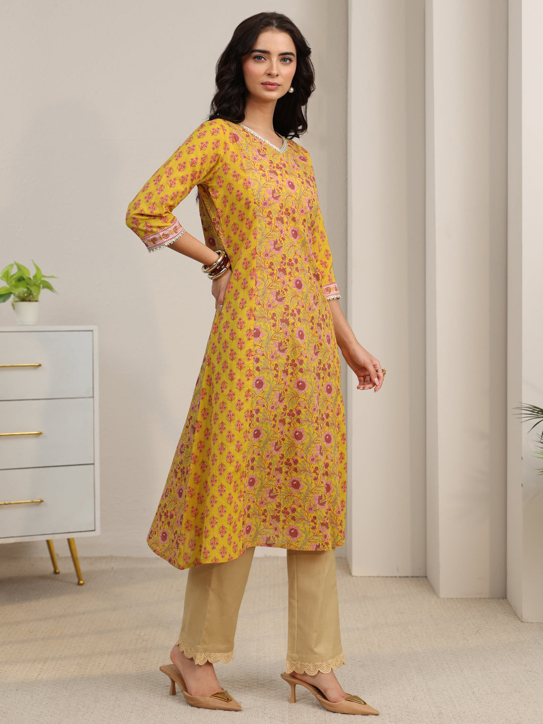 Libas Sunshine Yellow Floral Printed Cotton A-Line Kurta