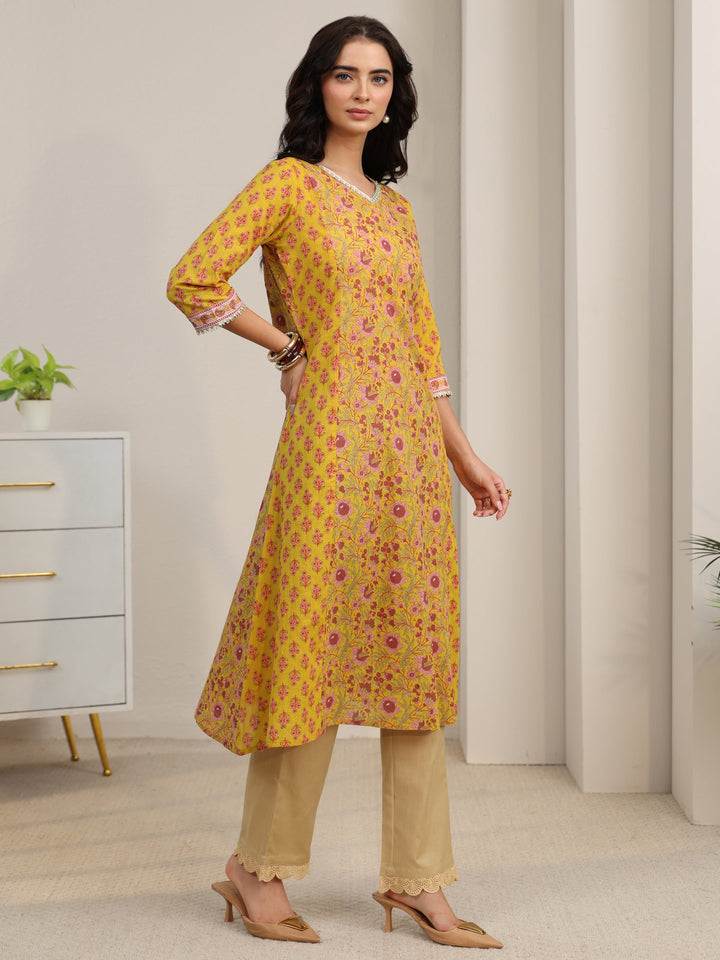 Libas Sunshine Yellow Floral Printed Cotton A-Line Kurta