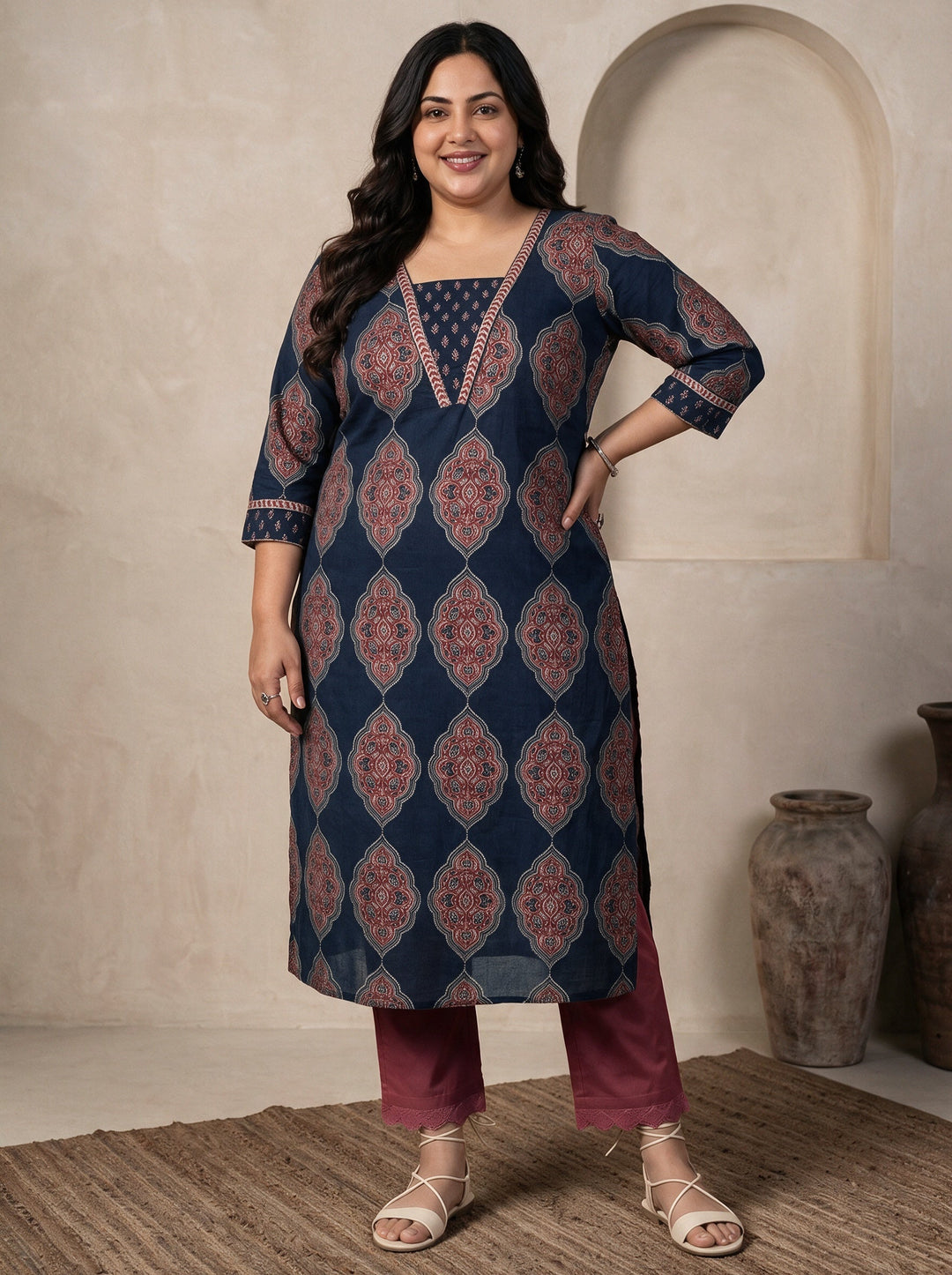 Plus Size Blue Ethnic Printed Cotton Straight Kurta