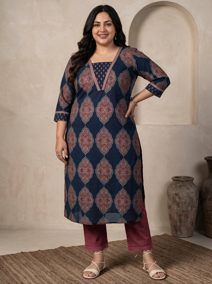 Plus Size Blue Ethnic Printed Cotton Straight Kurta