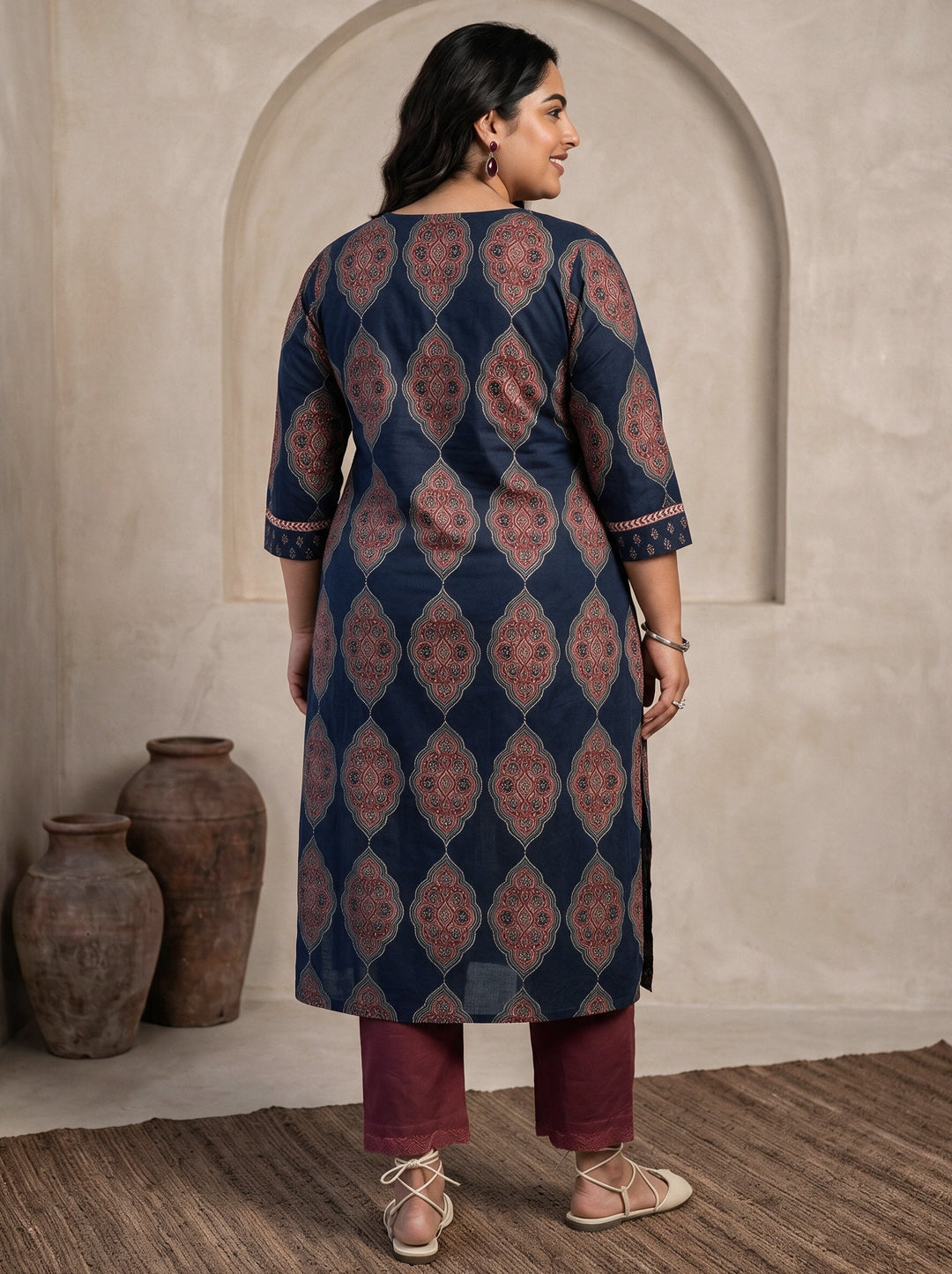 Plus Size Blue Ethnic Printed Cotton Straight Kurta