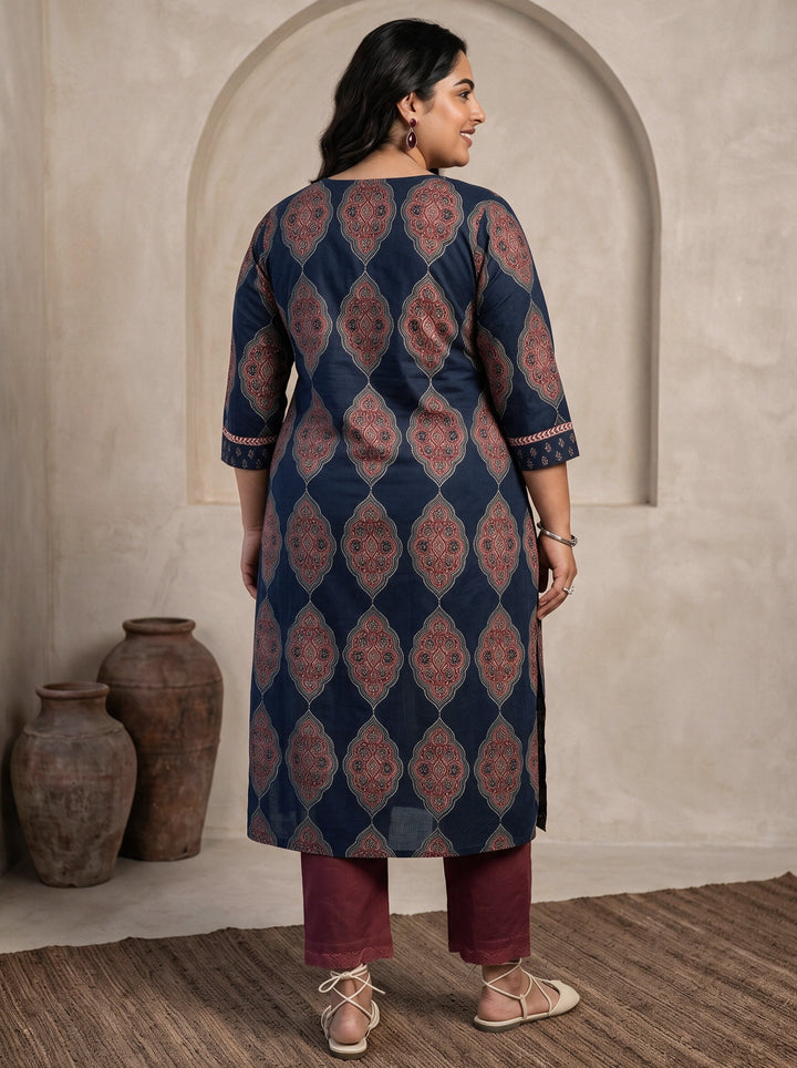 Plus Size Blue Ethnic Printed Cotton Straight Kurta