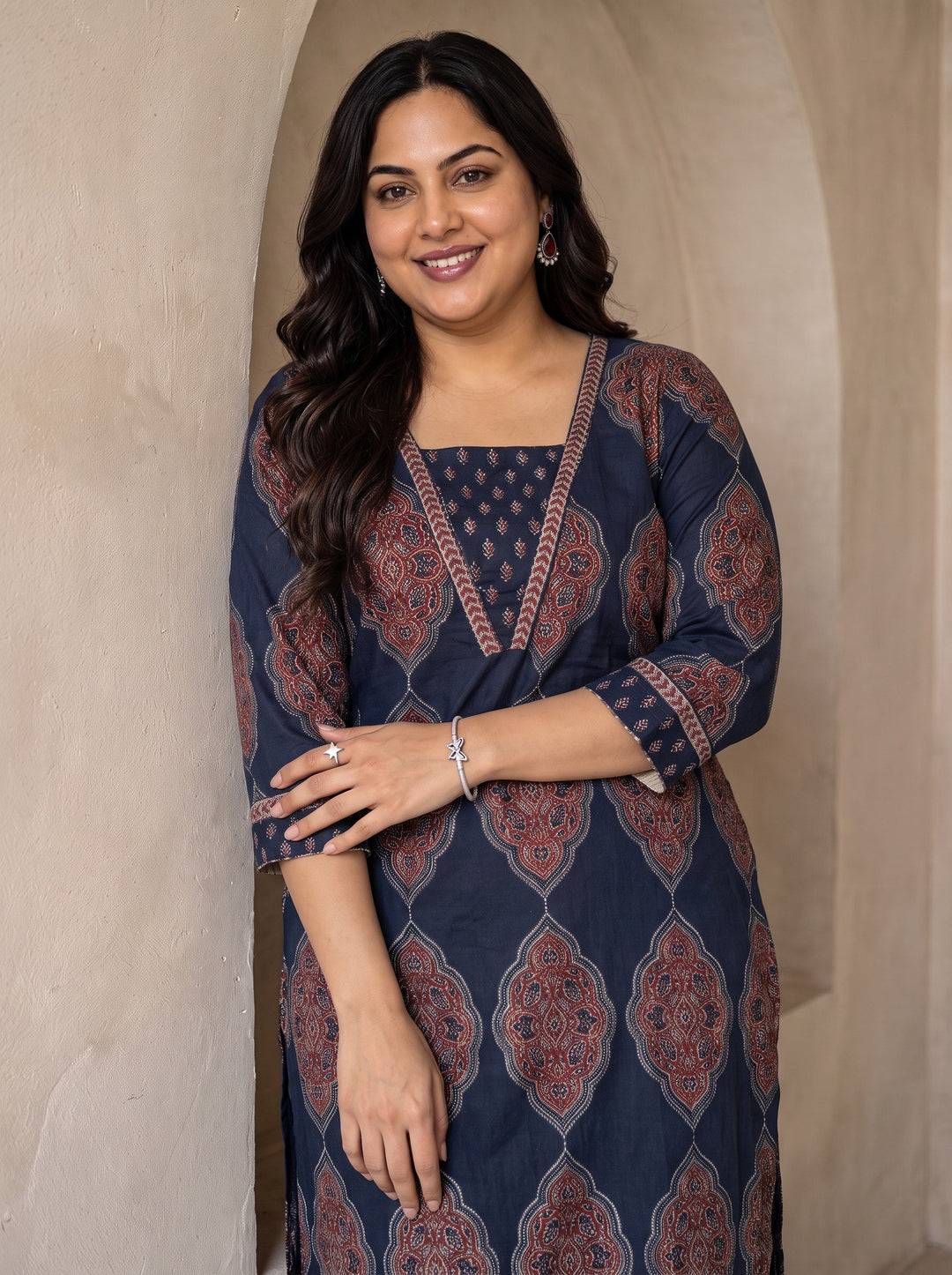Plus Size Blue Ethnic Printed Cotton Straight Kurta