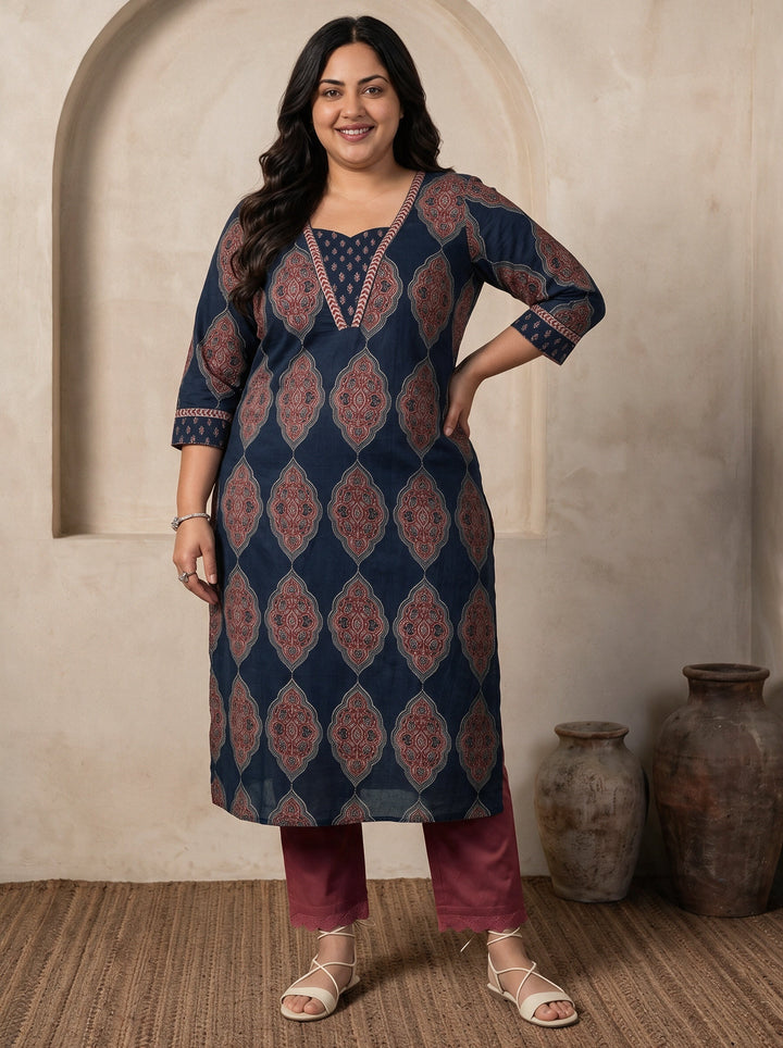 Plus Size Blue Ethnic Printed Cotton Straight Kurta