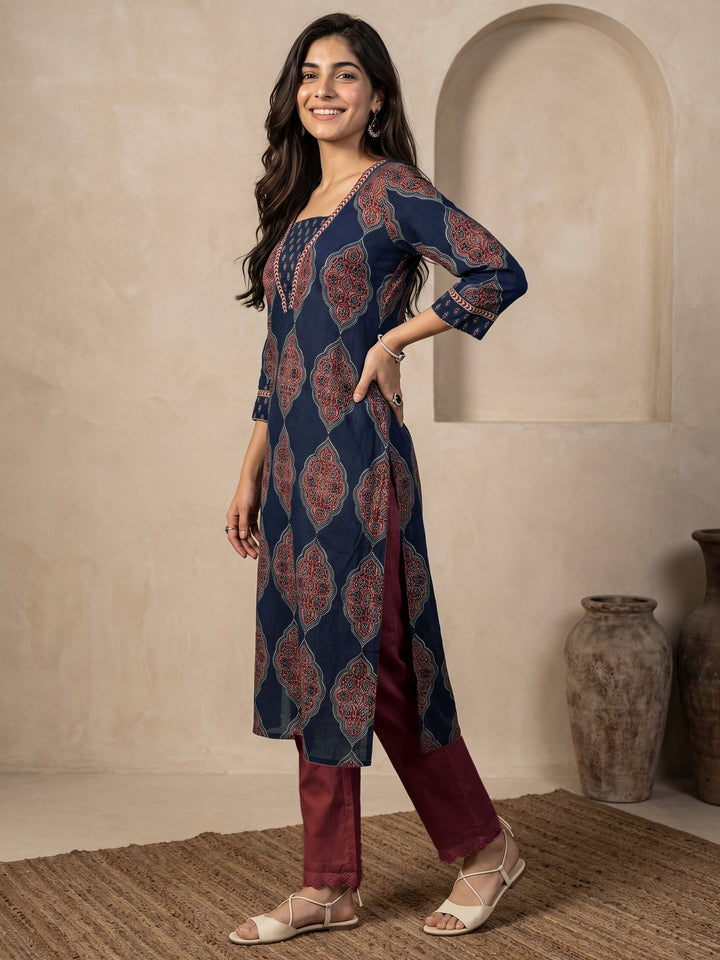 Libas Indigo Blue Ajrakh Printed Cotton Straight Kurta