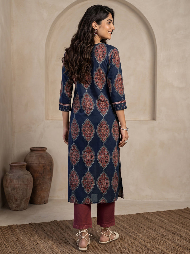 Libas Indigo Blue Ajrakh Printed Cotton Straight Kurta