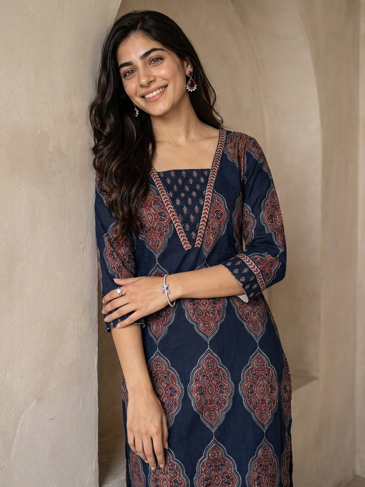 Libas Indigo Blue Ajrakh Printed Cotton Straight Kurta