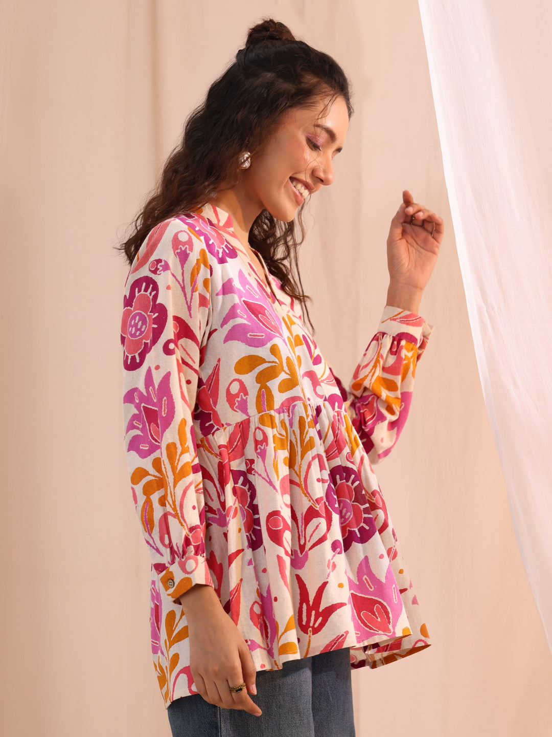 Libas Multi Floral Printed Cotton Anarkali Short Kurti