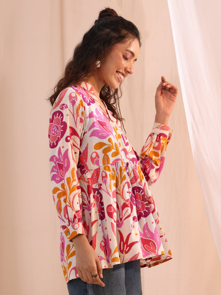 Libas Multi Floral Printed Cotton Anarkali Short Kurti