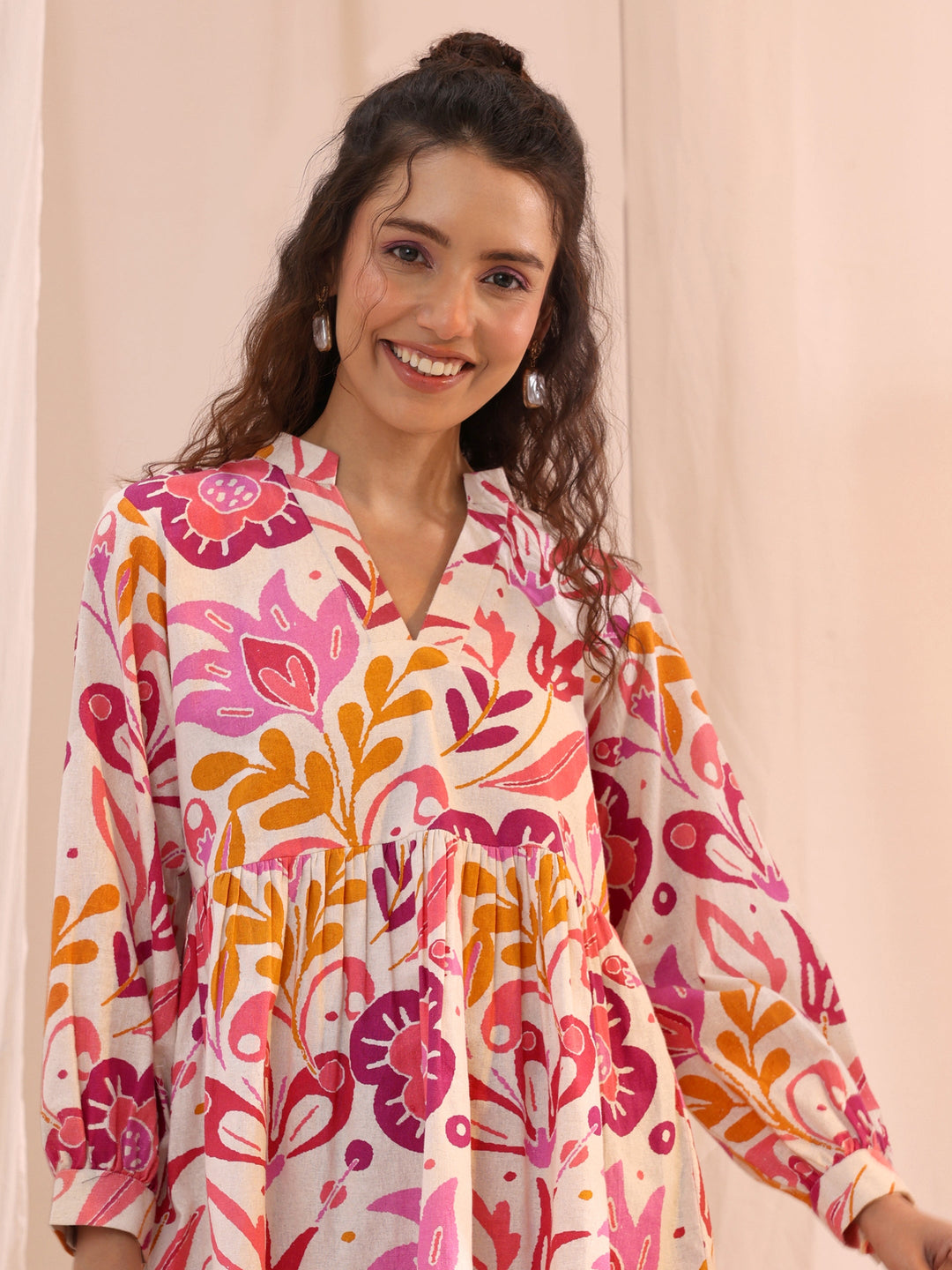 Libas Multi Floral Printed Cotton Anarkali Short Kurti