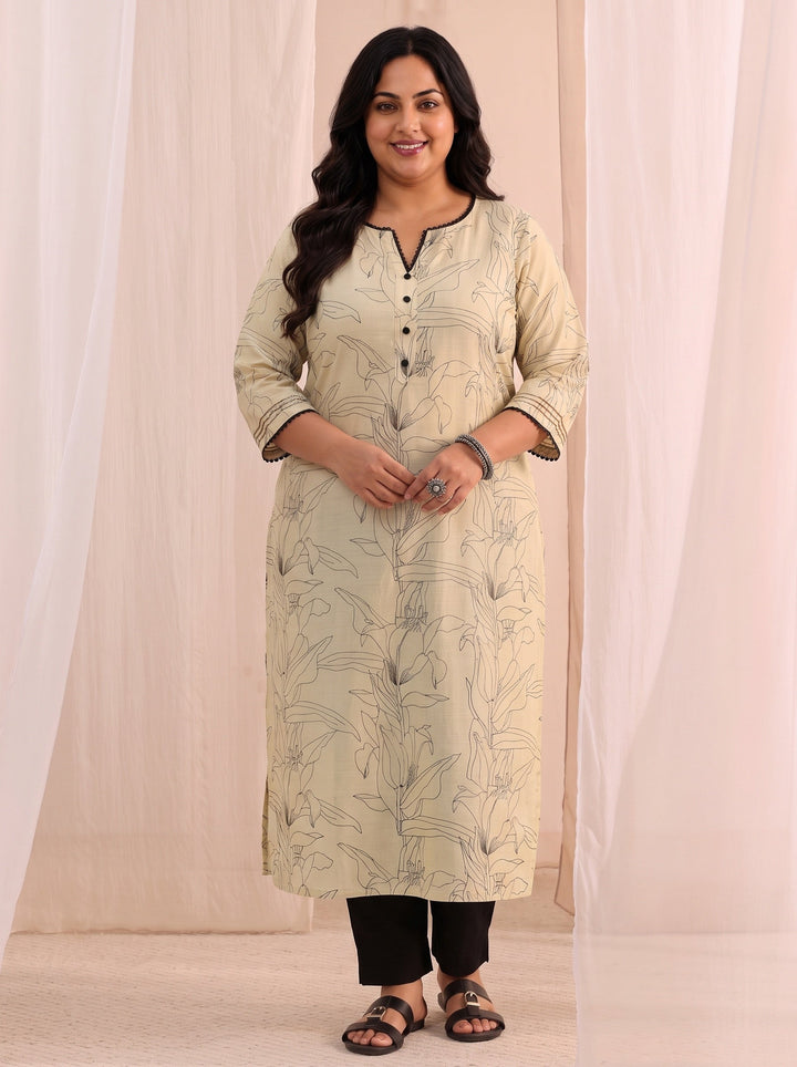 Plus Size Off White Floral Printed Silk Blend Straight Kurta