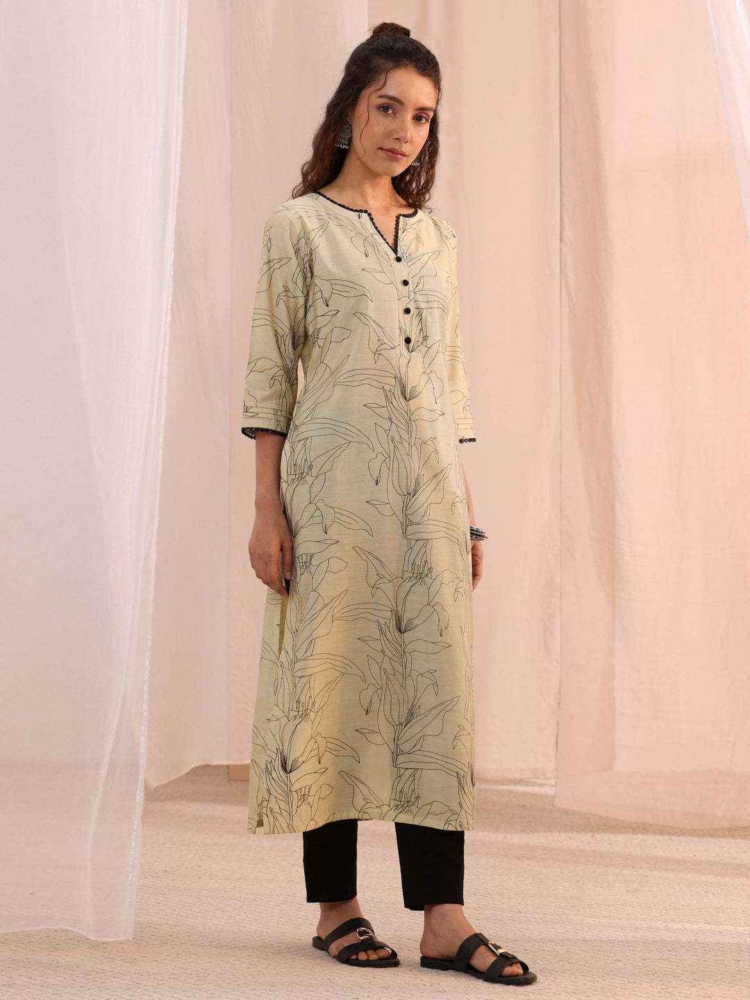 Libas Off White Floral Printed Silk Blend Straight Kurta