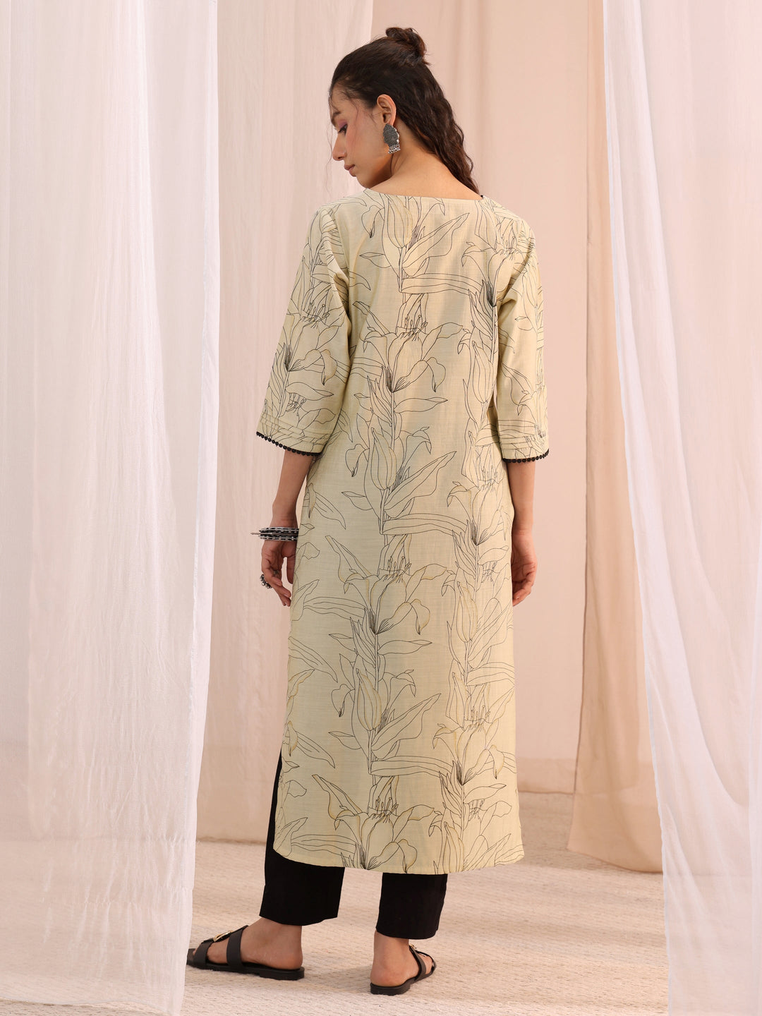 Libas Off White Floral Printed Silk Blend Straight Kurta