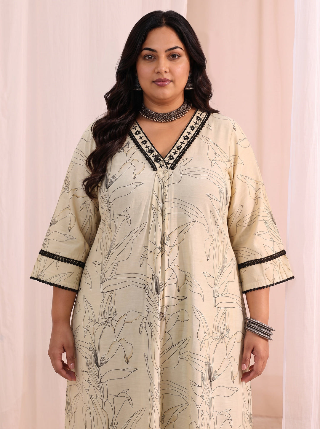 Plus Size Off White Floral Printed Silk Blend A-Line Kurta