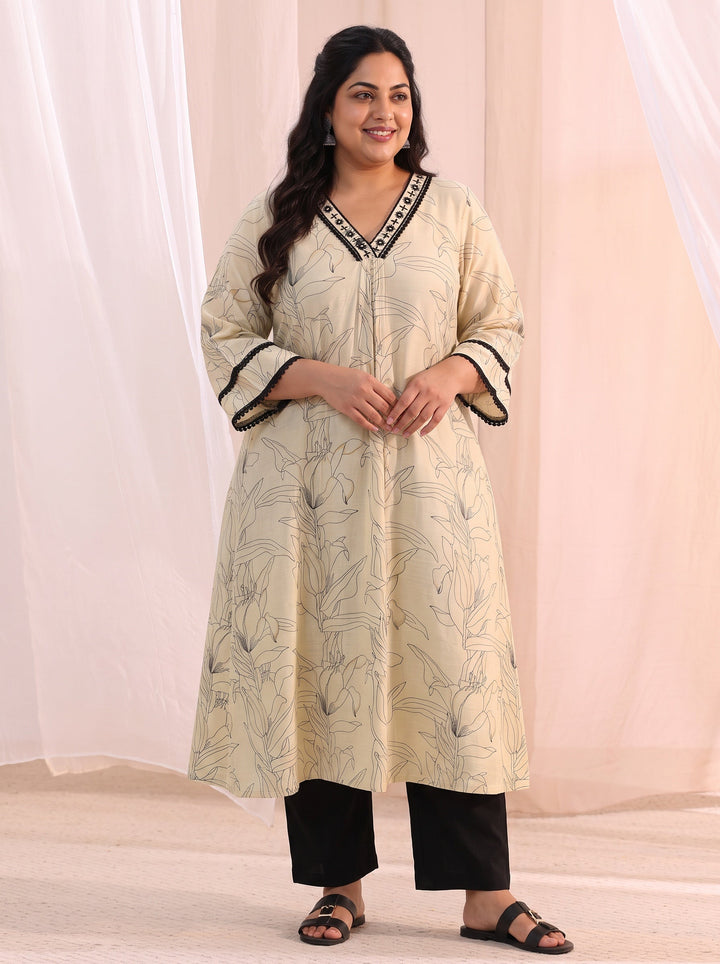 Plus Size Off White Floral Printed Silk Blend A-Line Kurta