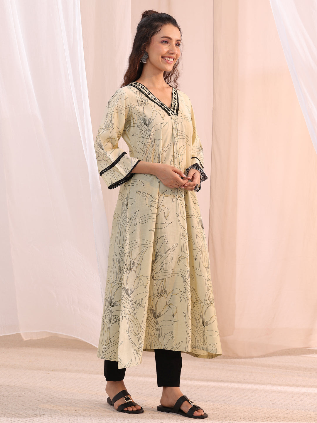 Libas Off White Floral Printed Silk Blend A-Line Kurta