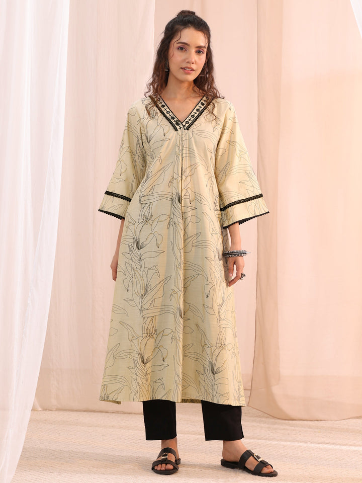 Libas Off White Floral Printed Silk Blend A-Line Kurta