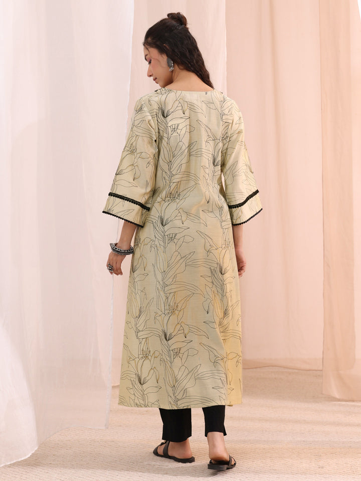 Libas Off White Floral Printed Silk Blend A-Line Kurta