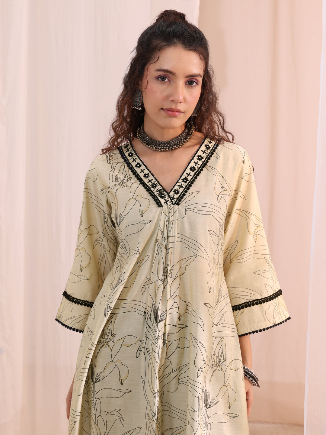 Libas Off White Floral Printed Silk Blend A-Line Kurta