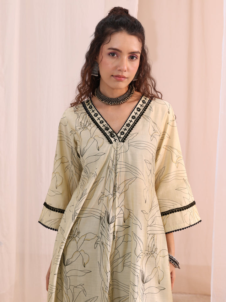 Libas Off White Floral Printed Silk Blend A-Line Kurta