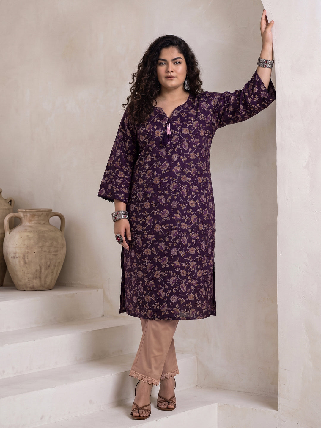 Plus Size Purple Floral Printed Cotton A-Line Kurta