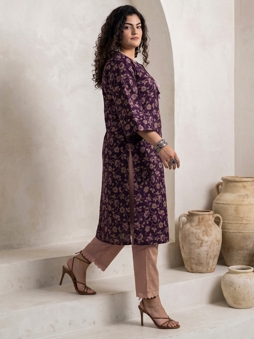 Plus Size Purple Floral Printed Cotton A-Line Kurta
