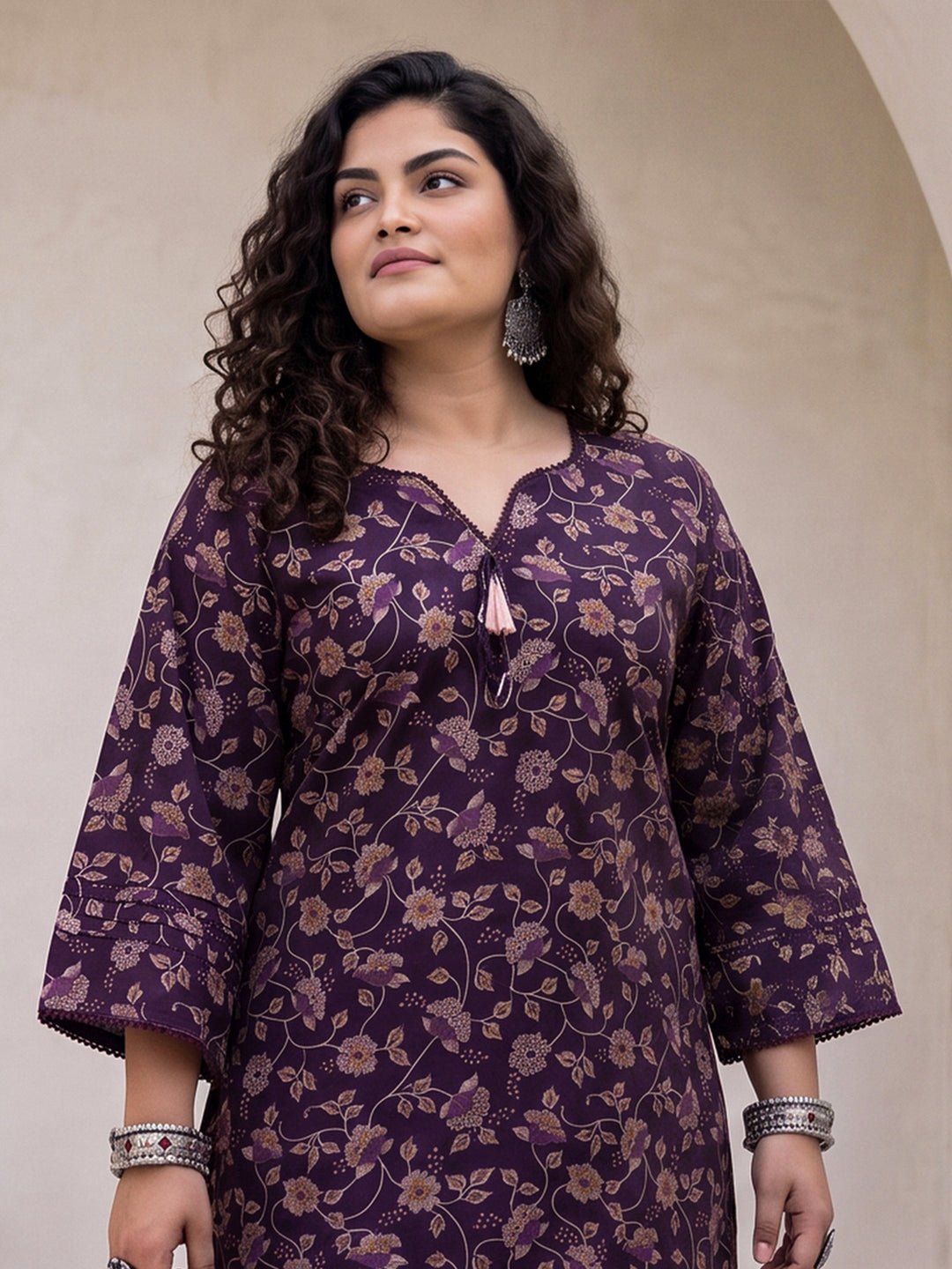 Plus Size Purple Floral Printed Cotton A-Line Kurta