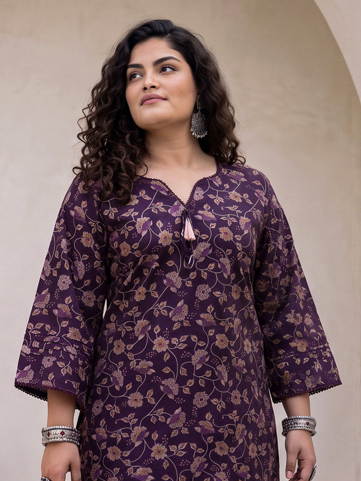 Plus Size Purple Floral Printed Cotton A-Line Kurta