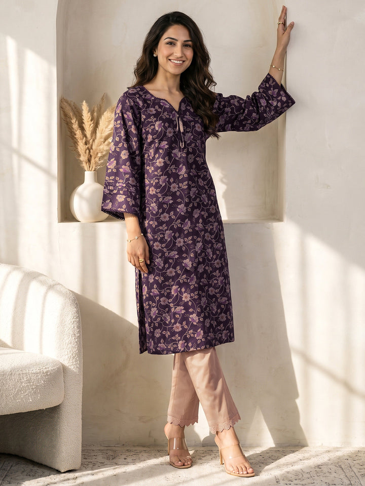 Libas Dark Purple Floral Printed A-Line Kurta