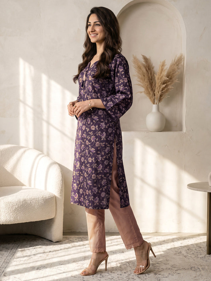 Libas Dark Purple Floral Printed A-Line Kurta