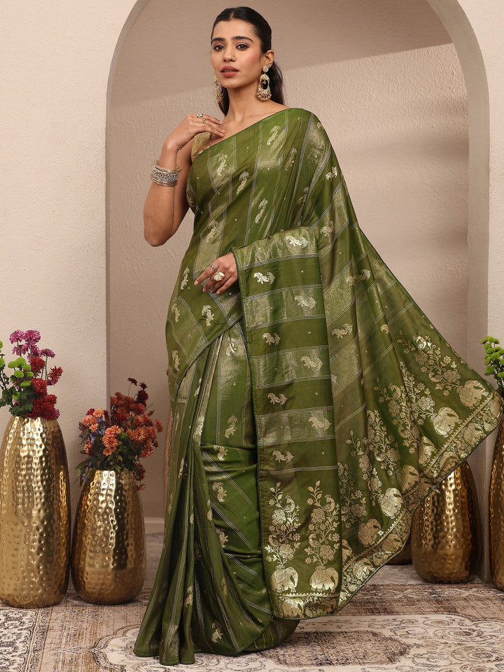 Green Tribal Woven Design Silk Blend Saree With Unstitched Blouse Piece