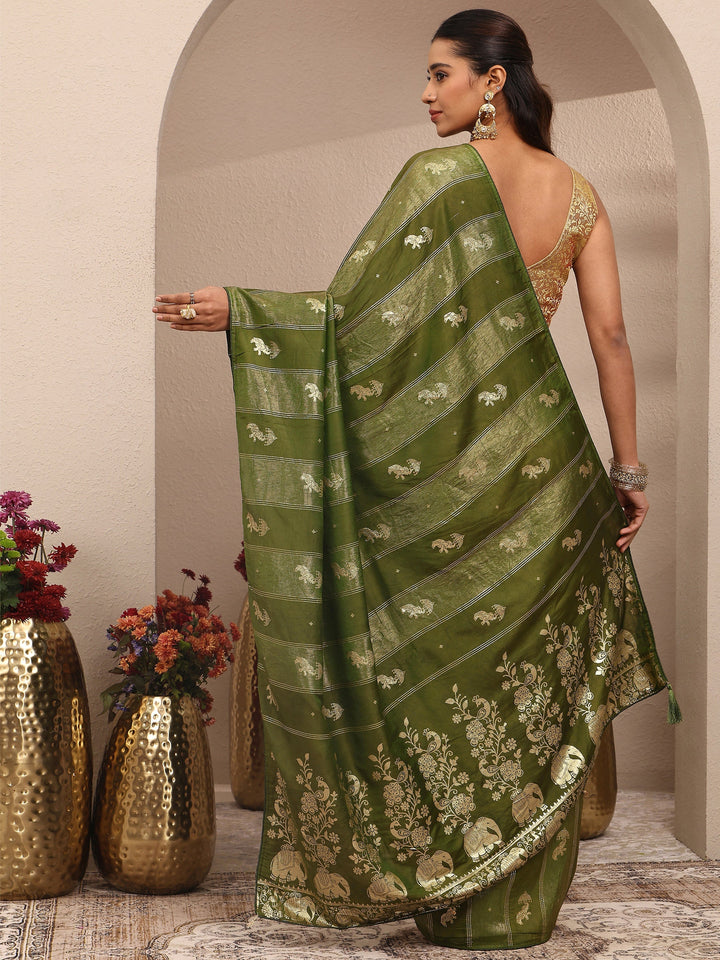 Green Tribal Woven Design Silk Blend Saree With Unstitched Blouse Piece
