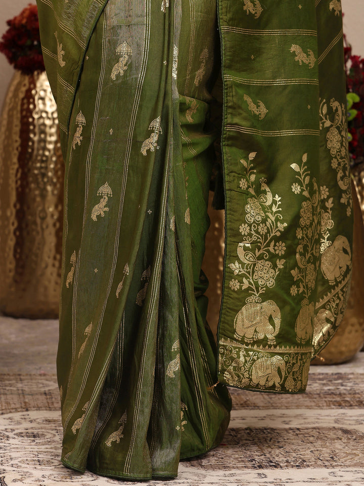 Green Tribal Woven Design Silk Blend Saree With Unstitched Blouse Piece