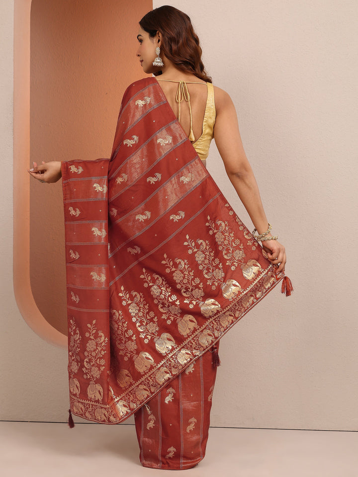 Rust Tribal Woven Design Silk Blend Saree With Unstitched Blouse Piece