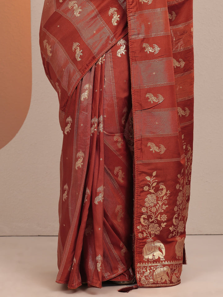 Rust Tribal Woven Design Silk Blend Saree With Unstitched Blouse Piece