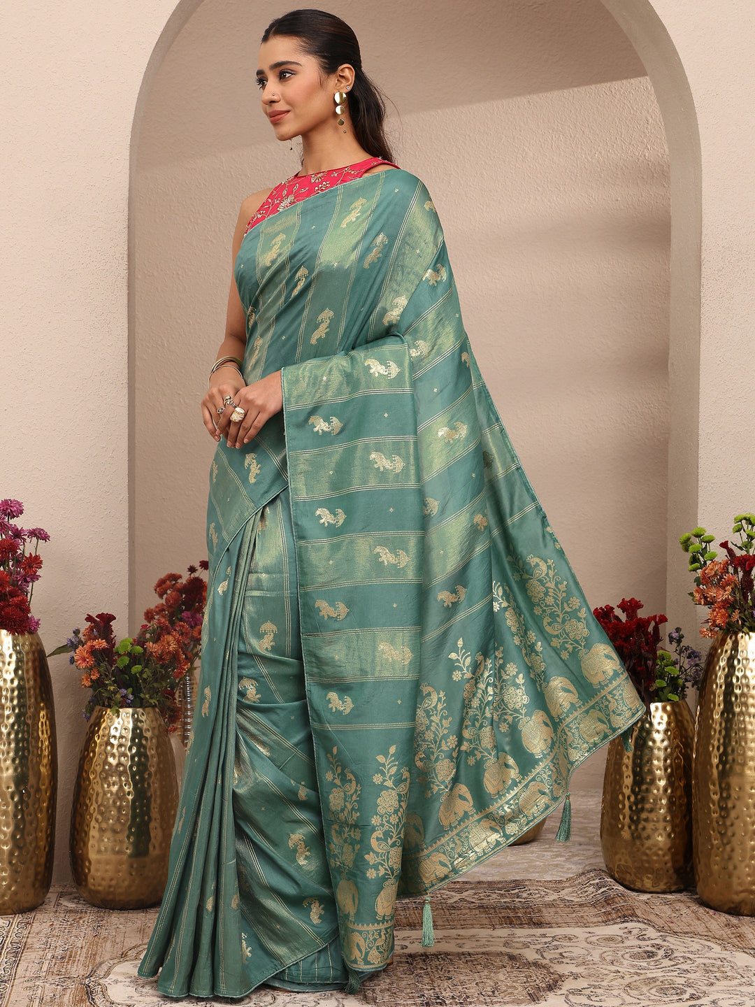 Green Tribal Woven Design Silk Blend Saree With Unstitched Blouse Piece