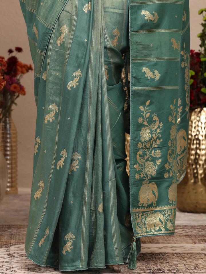 Green Tribal Woven Design Silk Blend Saree With Unstitched Blouse Piece
