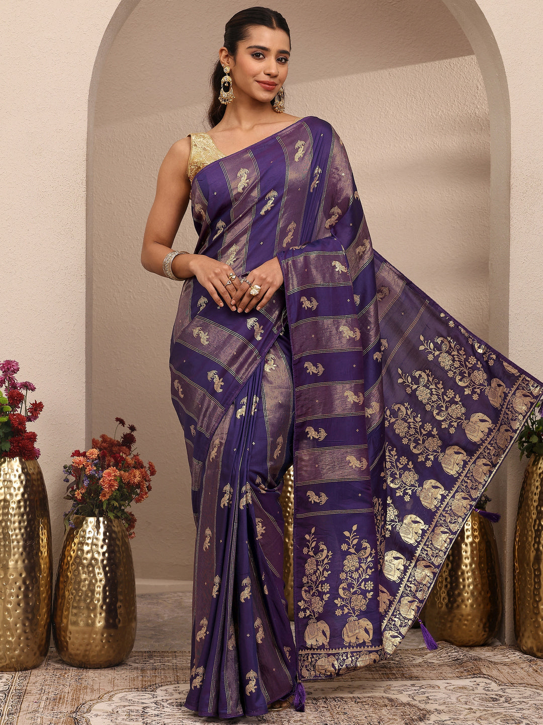 Purple Tribal Woven Design Silk Blend Saree With Unstitched Blouse Piece