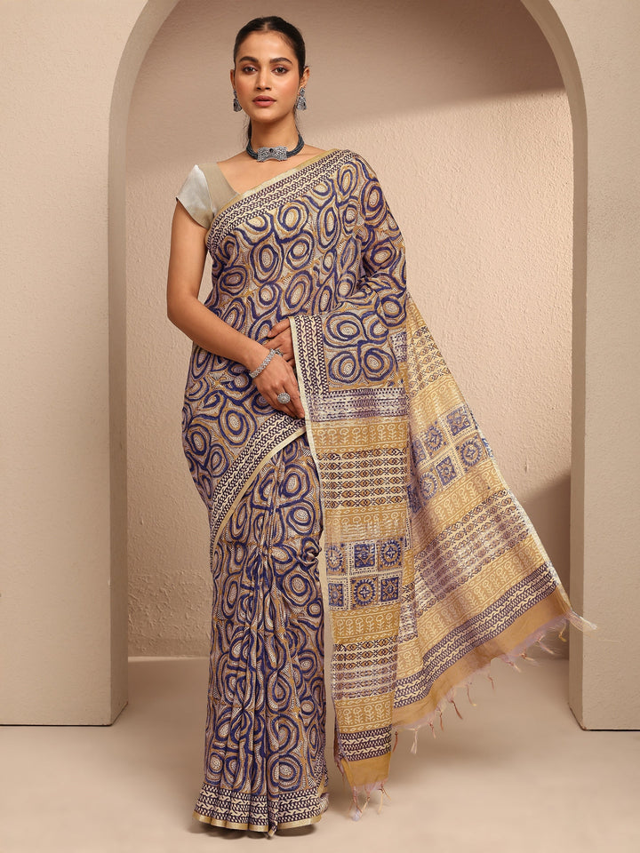 Mustard Printed Cotton Saree With Unstitched Blouse Piece