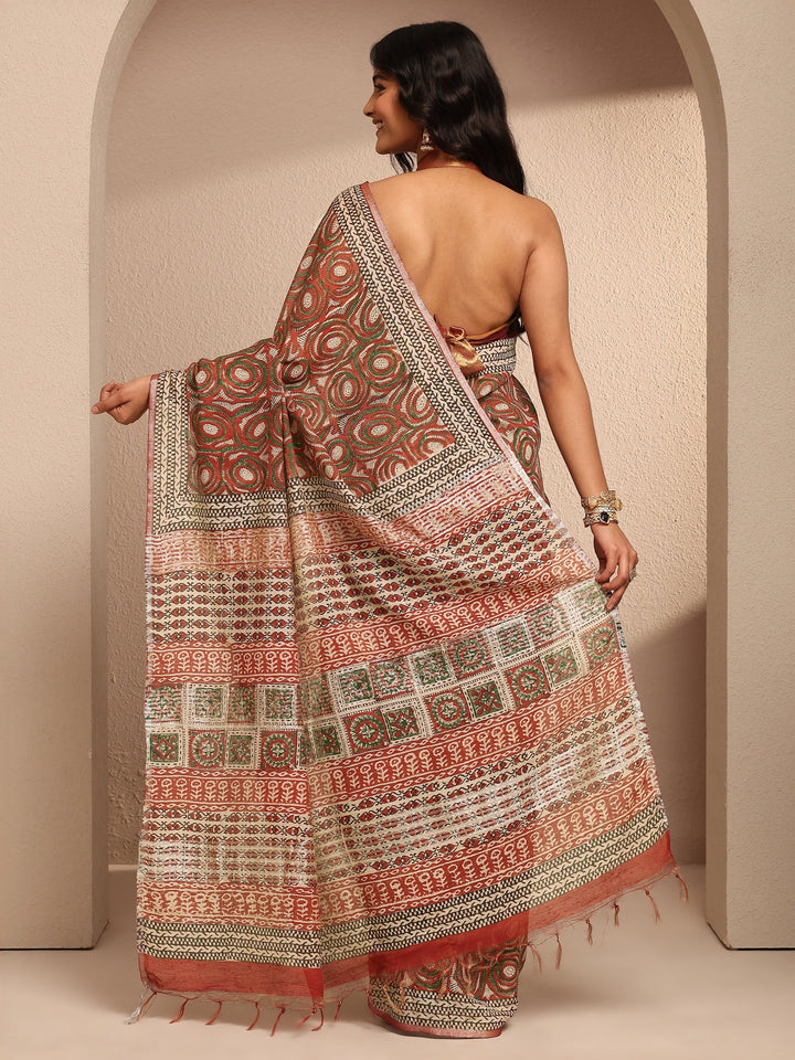 Rust Printed Cotton Saree With Unstitched Blouse Piece