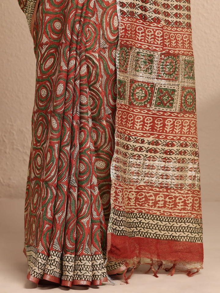 Rust Printed Cotton Saree With Unstitched Blouse Piece