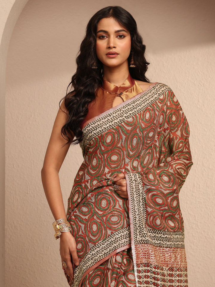 Rust Printed Cotton Saree With Unstitched Blouse Piece