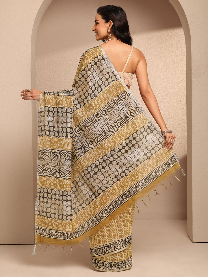 Mustard Block Printed Cotton Saree With Unstitched Blouse Piece