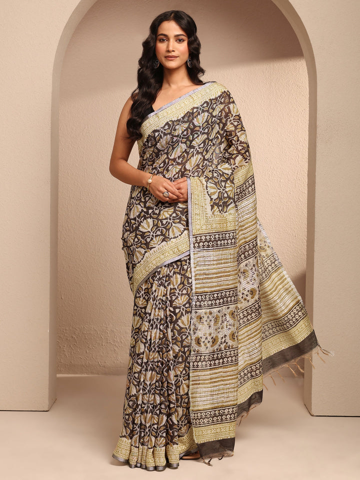 Black Printed Cotton Saree With Unstitched Blouse Piece