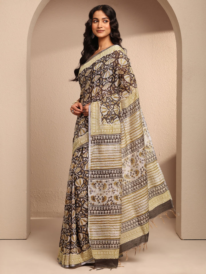 Black Printed Cotton Saree With Unstitched Blouse Piece