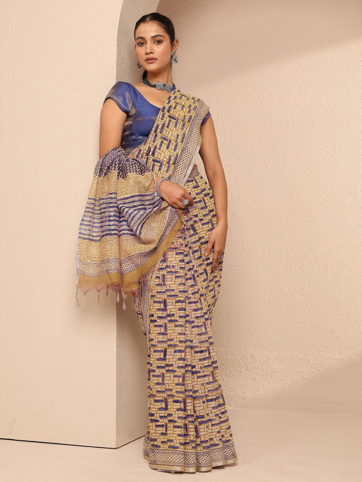Mustard Geometric Printed Cotton Saree With Unstitched Blouse Piece