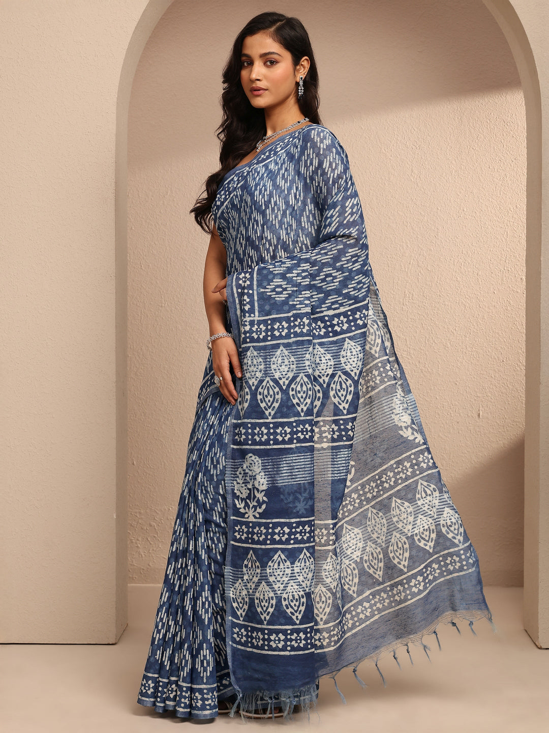 Blue Ikat Printed Cotton Saree With Unstitched Blouse Piece
