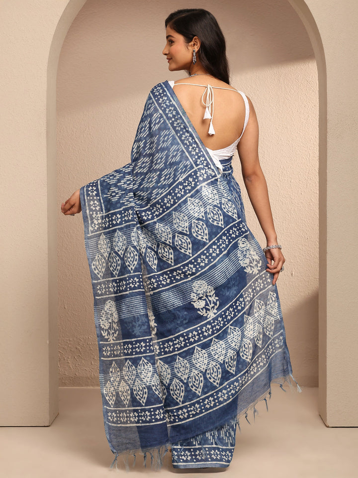 Blue Ikat Printed Cotton Saree With Unstitched Blouse Piece