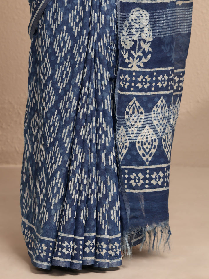 Blue Ikat Printed Cotton Saree With Unstitched Blouse Piece